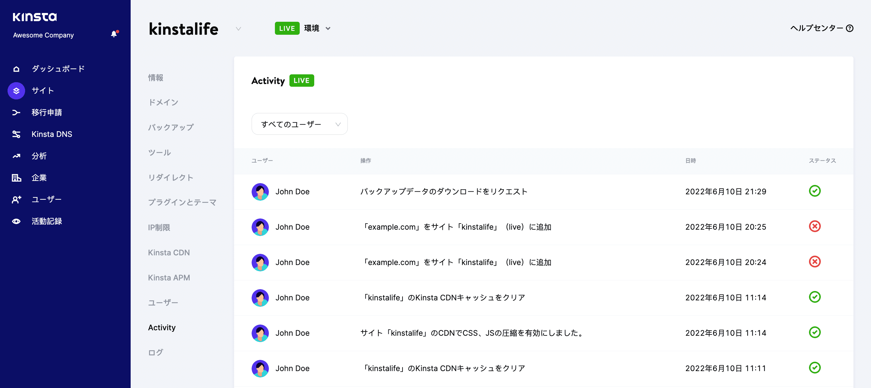 MyKinstaでのサイトの活動記録