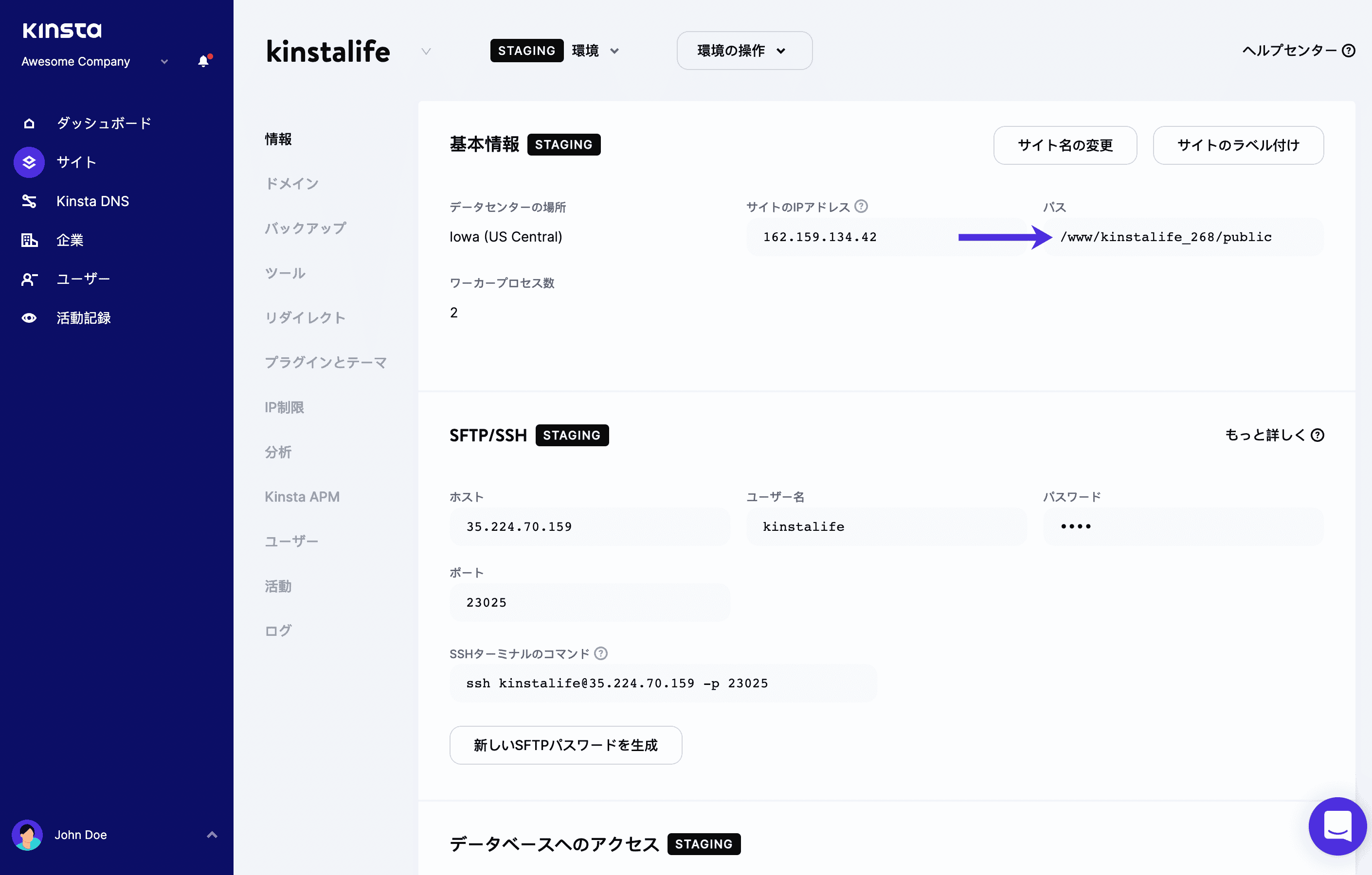 MyKinstaでパブリックルートを確認する