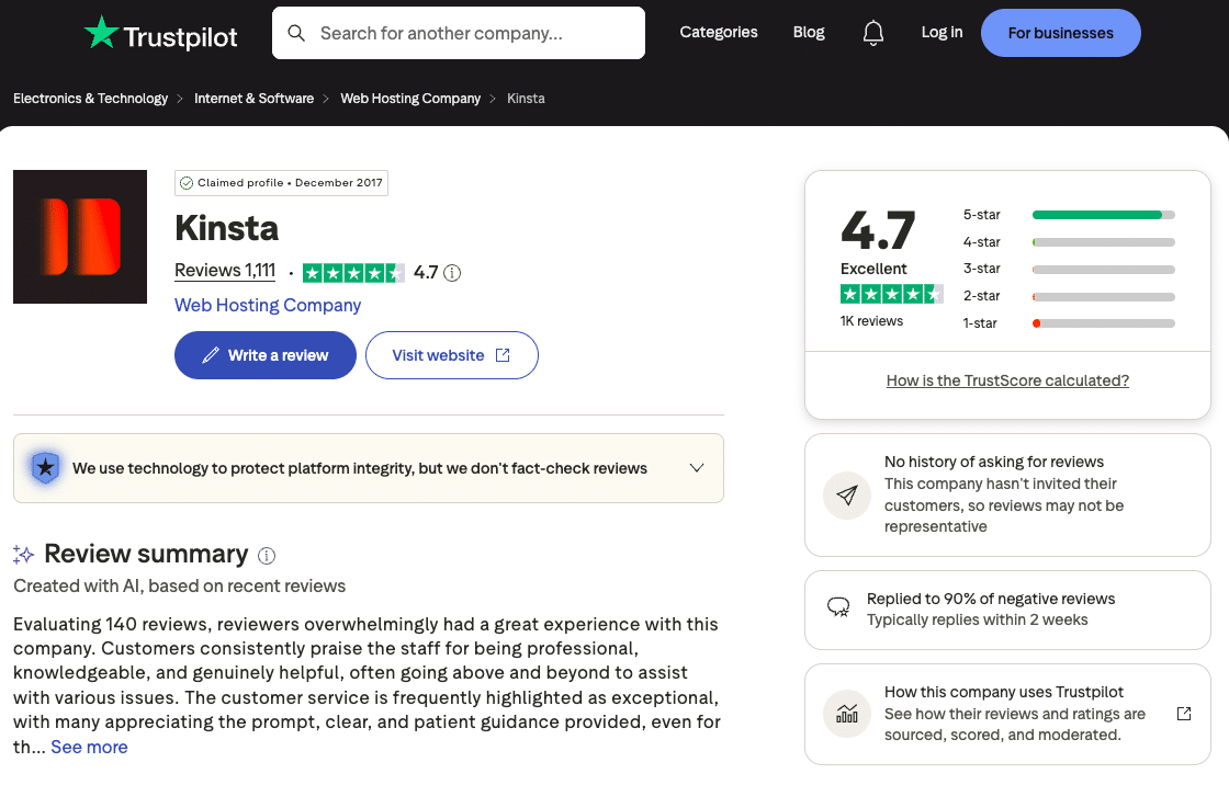 KinstaについてのTrustpilotレビューページ