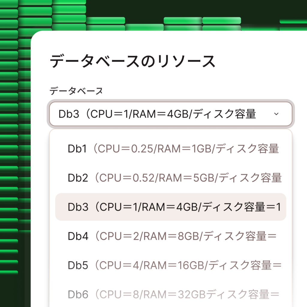 異なるデータベース・リソース・レベルのセレクタを示すスクリーンショット