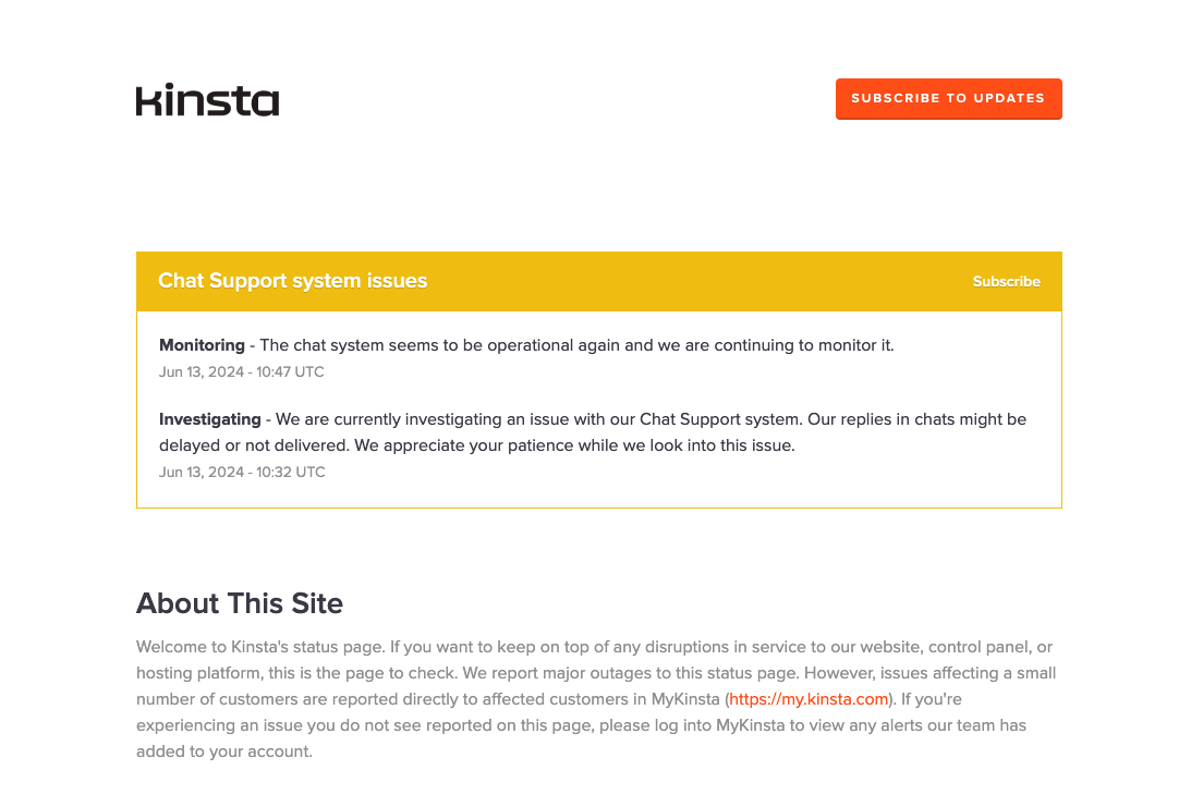Kinstaのステータスページ