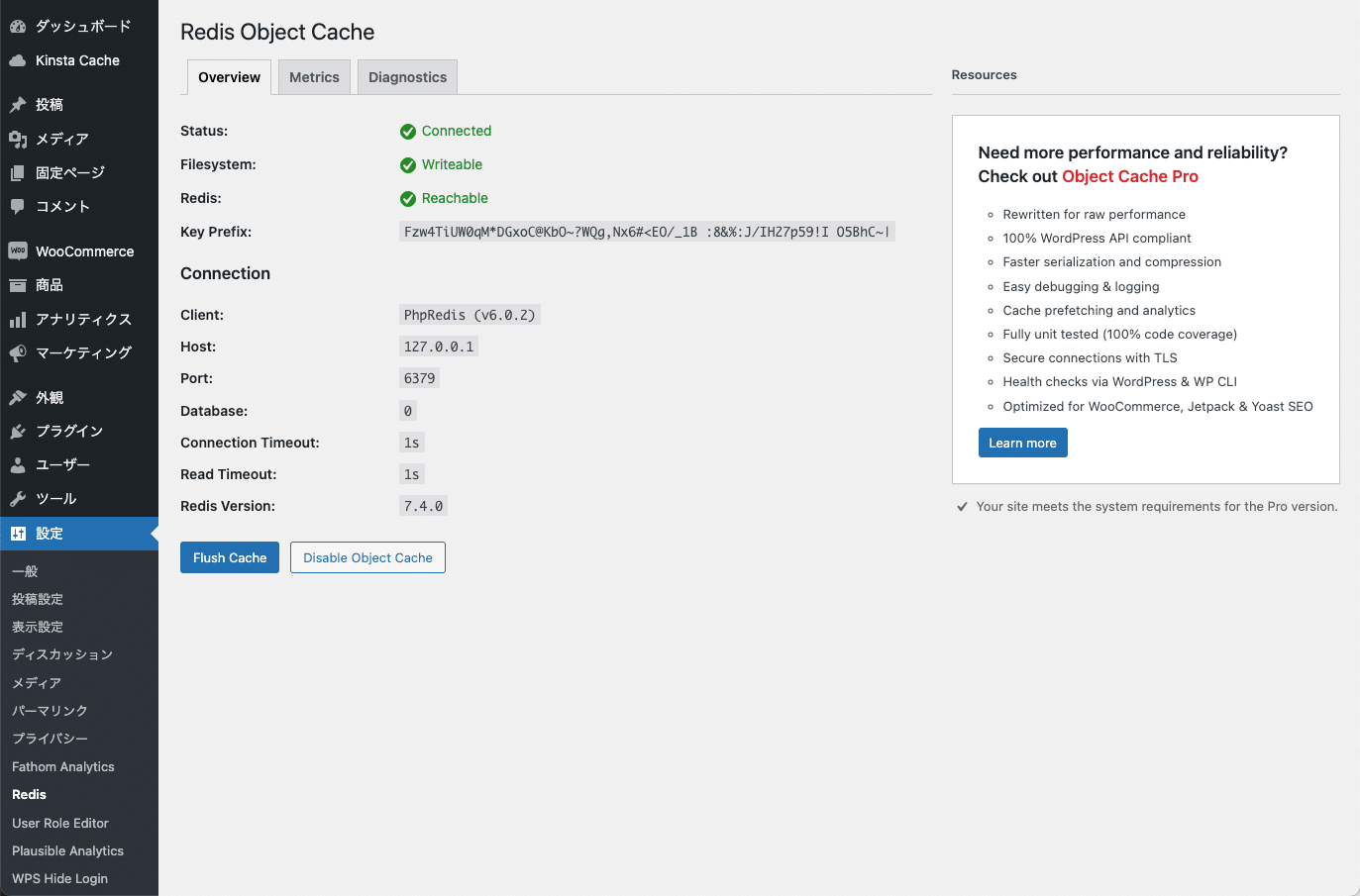 WordPress管理画面にRedis Object Cacheプラグインがあることがわかる