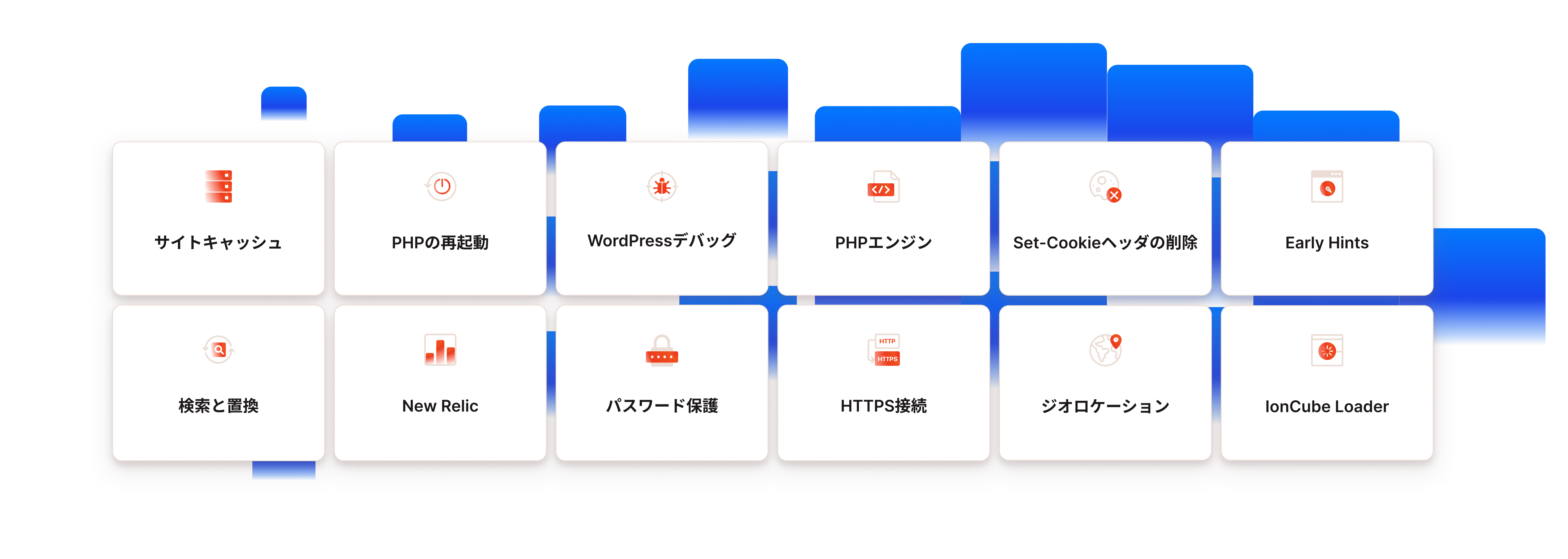 WordPressツール一覧： サイトキャッシュ、PHPの再起動、WordPressデバッグ、PHPエンジン、Set-Cookieヘッダの削除、Early Hints、検索と置換、New Relic、パスワード保護、HTTPS接続、ジオロケーション、IonCube Loader