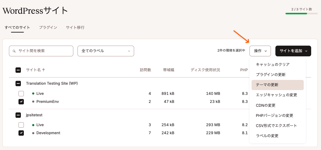 一括操作機能で複数のサイトに一度に変更を加えることが可能