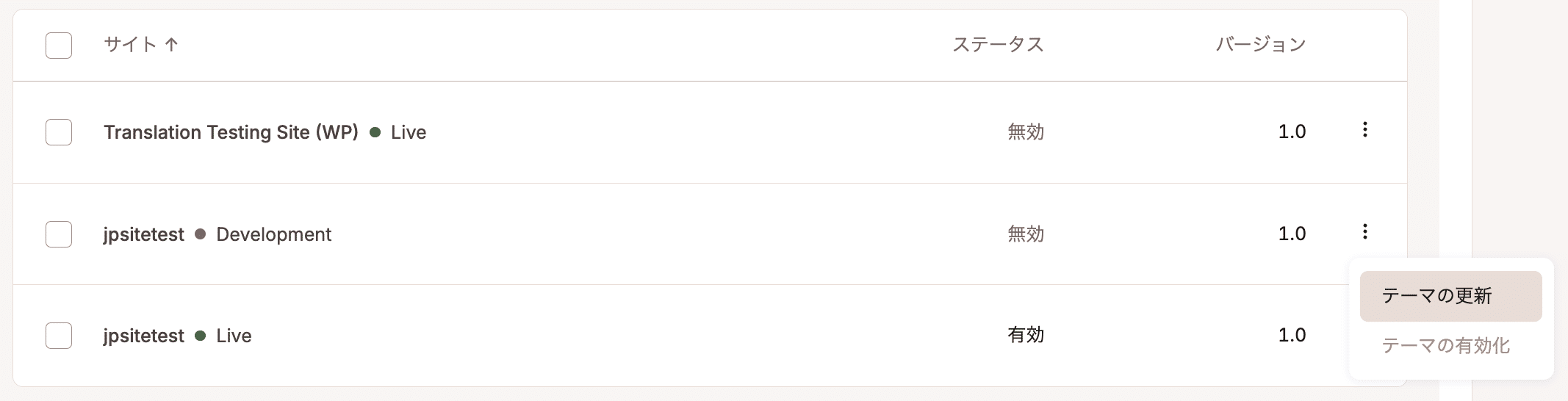 特定のWordPress環境で1つのテーマを更新