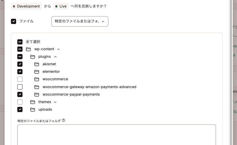 MyKinstaのダイアログを使用して特定のファイルを反映
