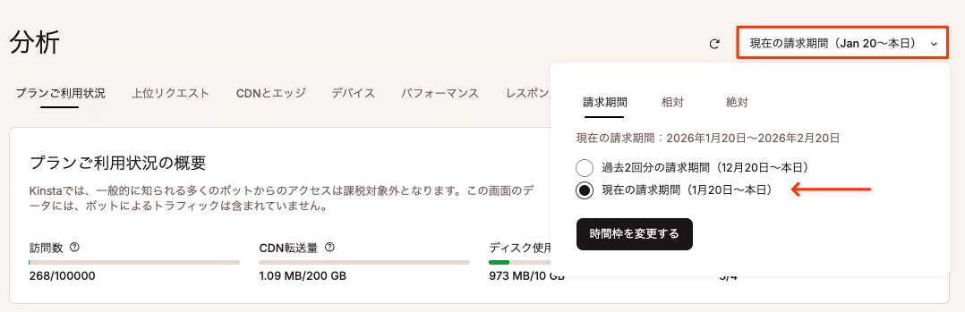 「現在の請求期間」の分析データを表示