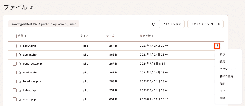 MyKinstaファイルマネージャーのファイルオプションメニュー