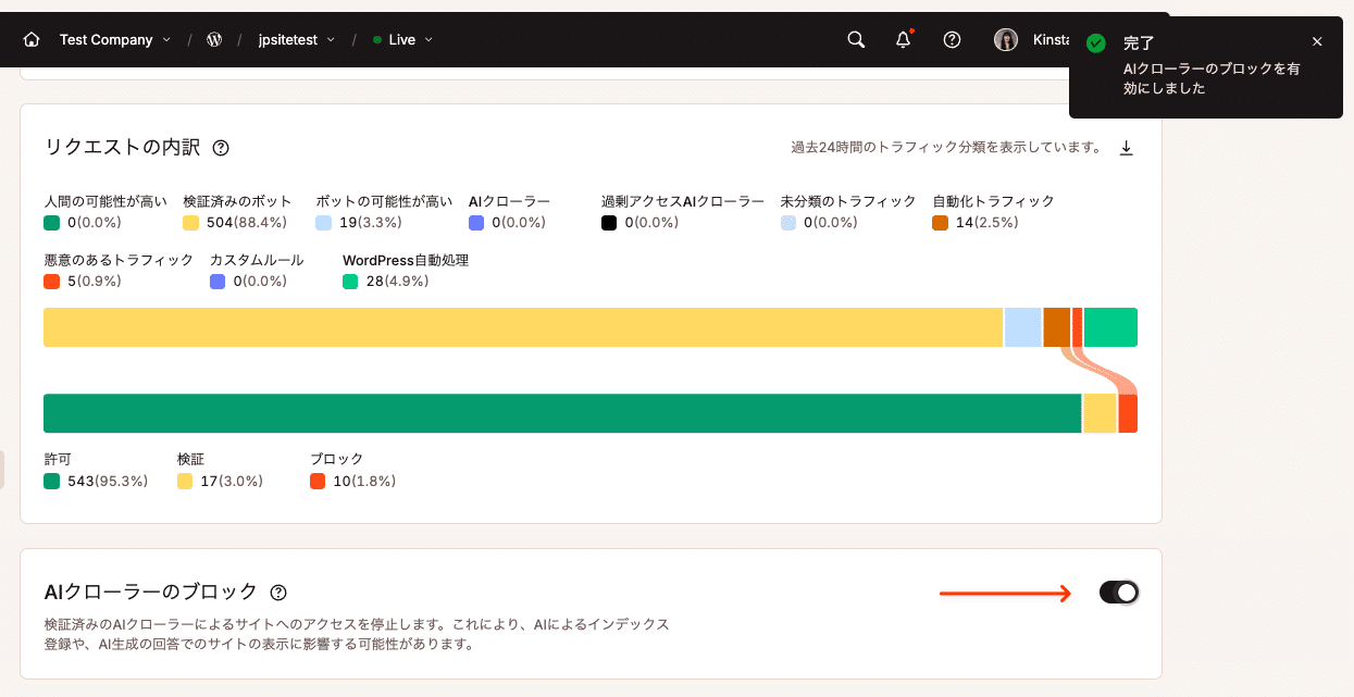 「AIクローラーのブロック」をオンにした状態