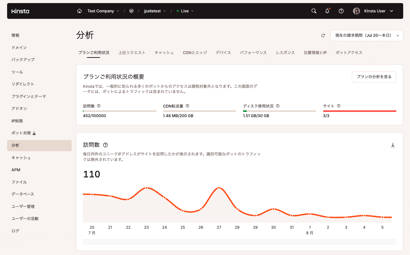 プランの使用状況や訪問数のグラフなどが表示されるMyKinstaの分析画面