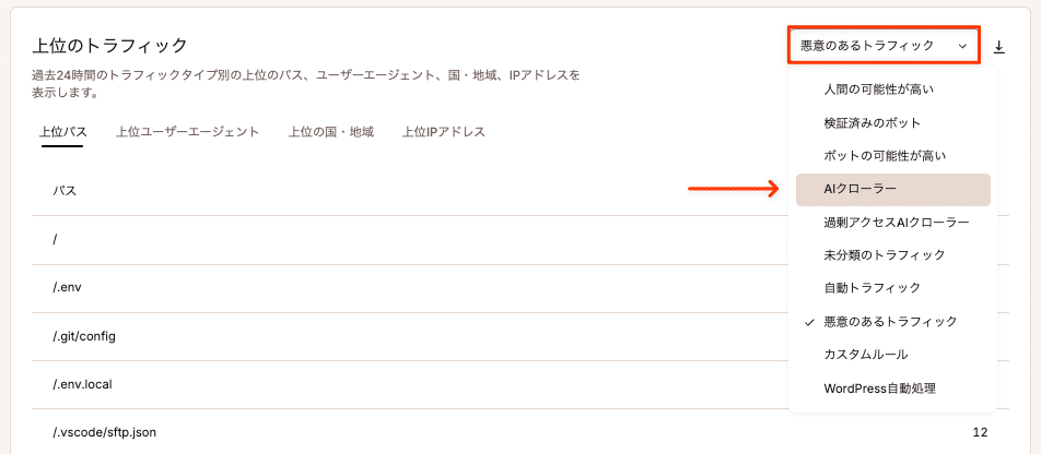 上位のトラフィックチャートでトラフィックタイプをフィルタリング