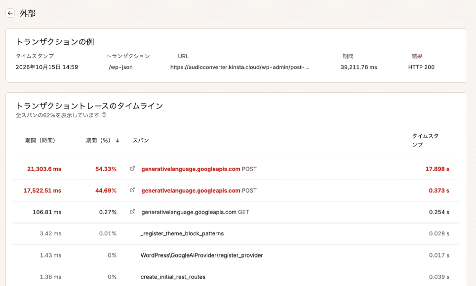 Kinsta APMで確認できるGemini APIへの2つの呼び出しの所要時間