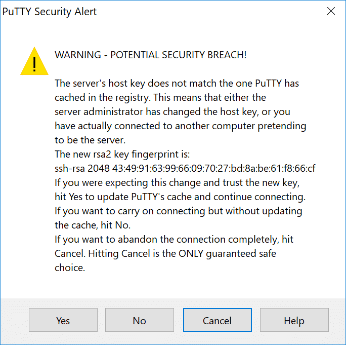 PuTTY waarschuwing