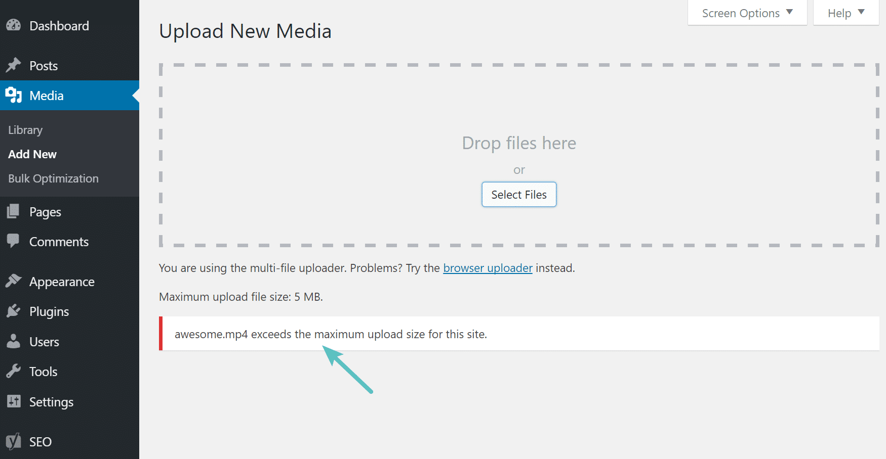 Maximale grootte upload foutmelding in WordPress
