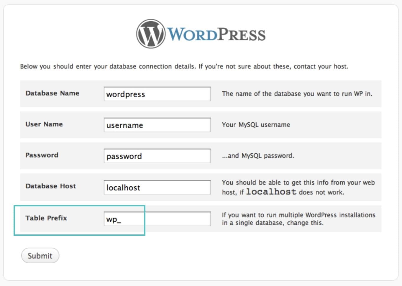 WordPress tabelprefix 