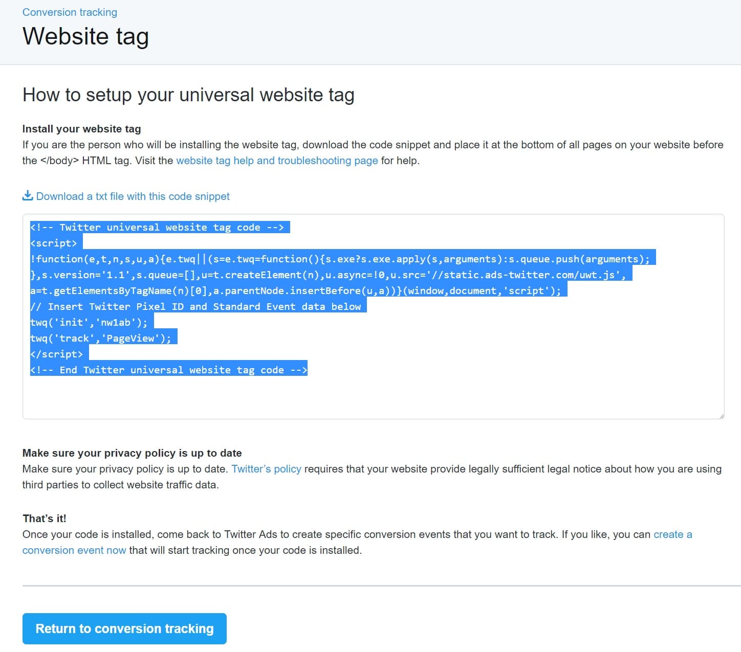 Twitter pixel tag