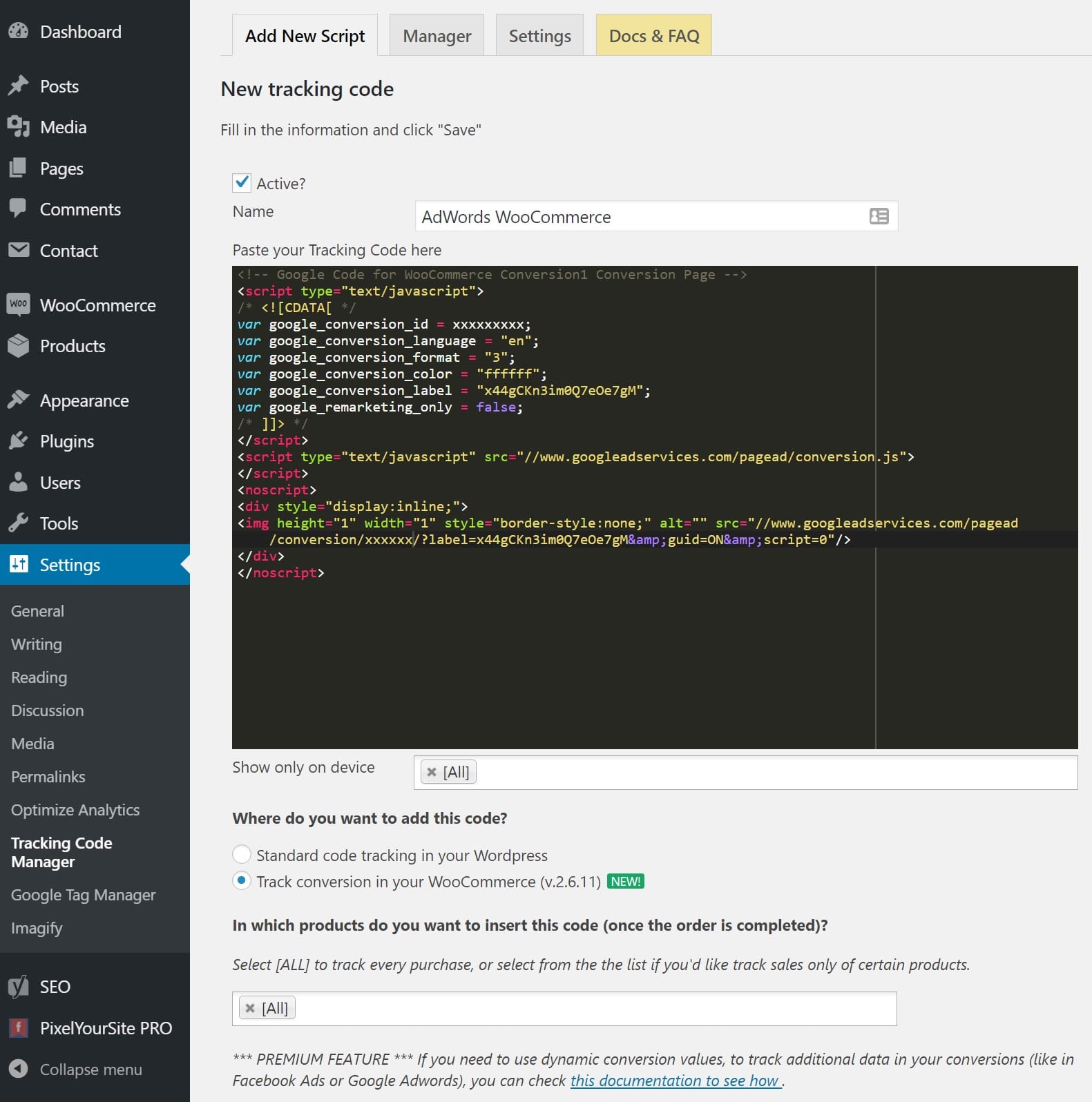 Voeg de AdWords WooCommerce pixel toe