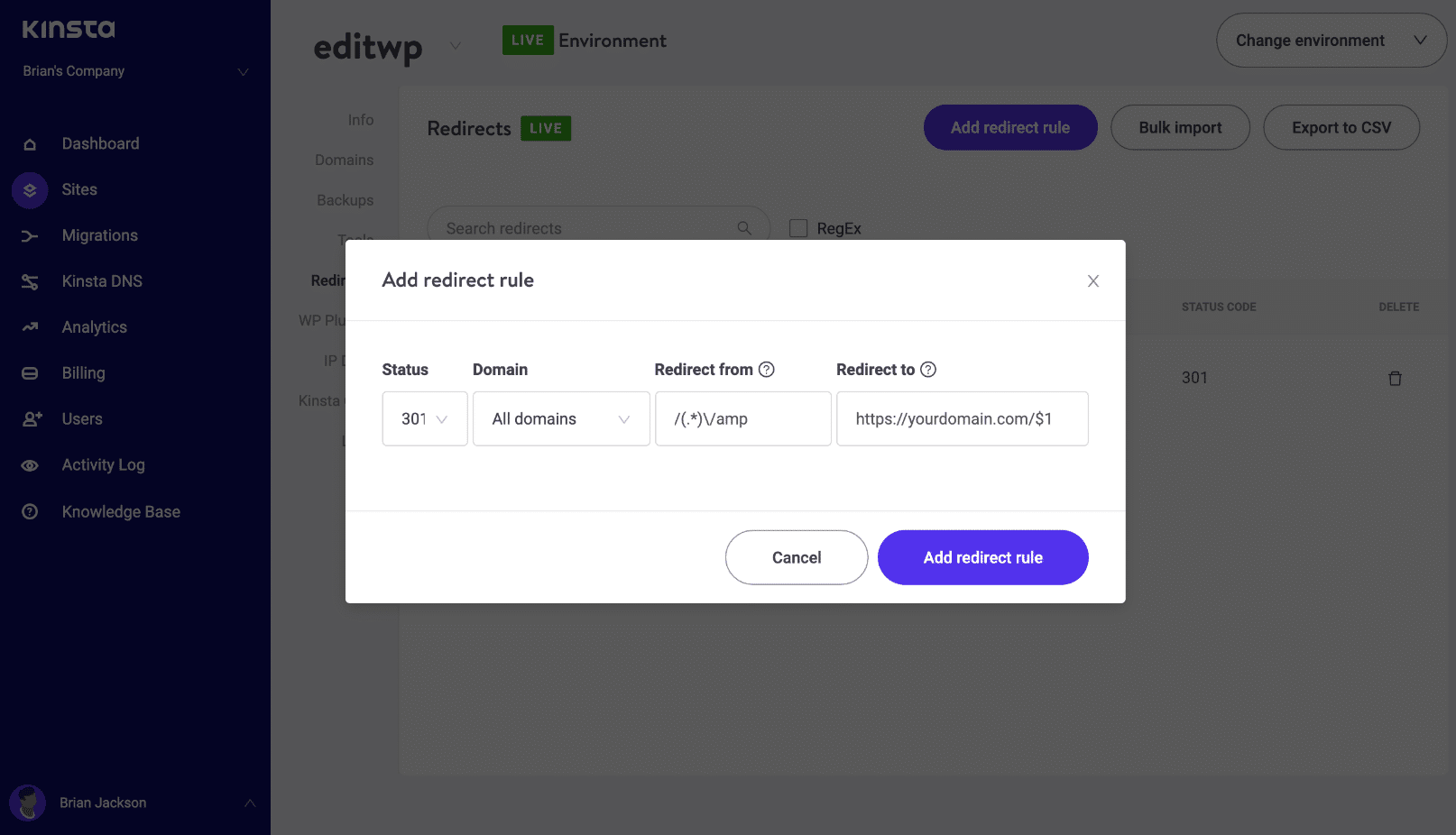 Google AMP-omleiding in het MyKinsta-dashboard