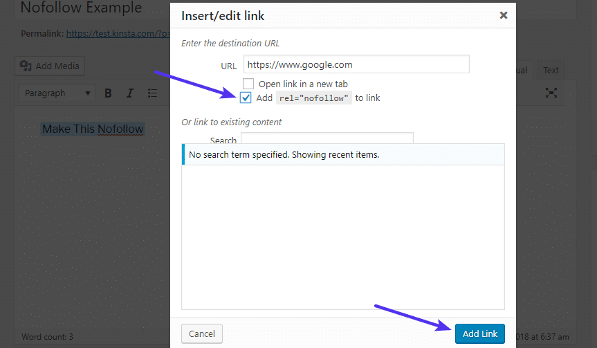 Check the new box to add the nofollow attribute