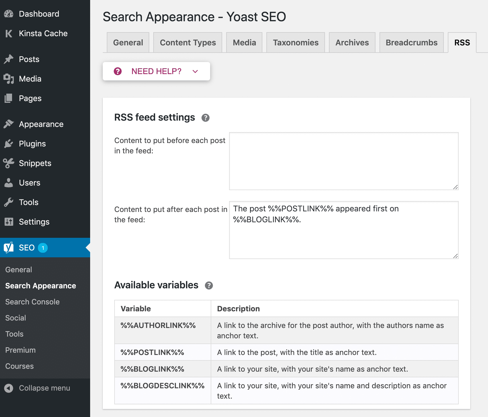 Yoast SEO RSS settings