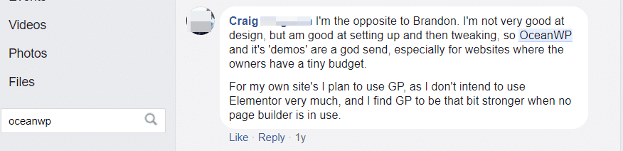 Een andere reactie in de Elementor Community Facebook Groep