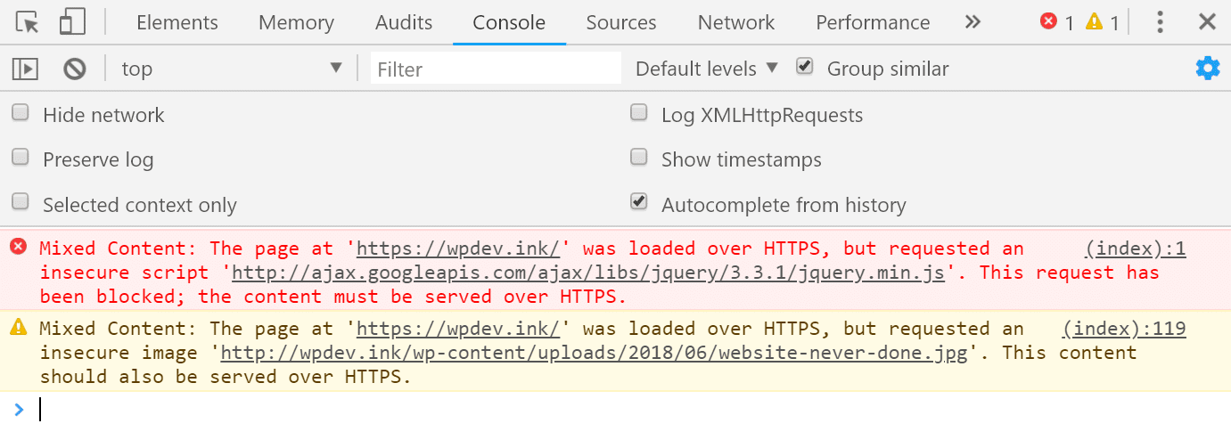 Chrome DevTools gemengde inhoud in console