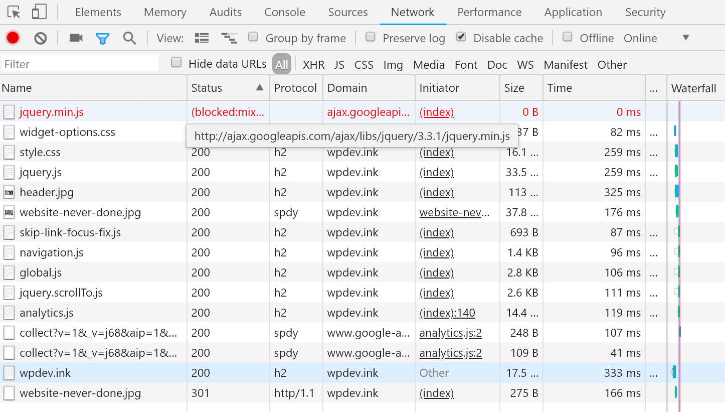 Chrome DevTools netwerk
