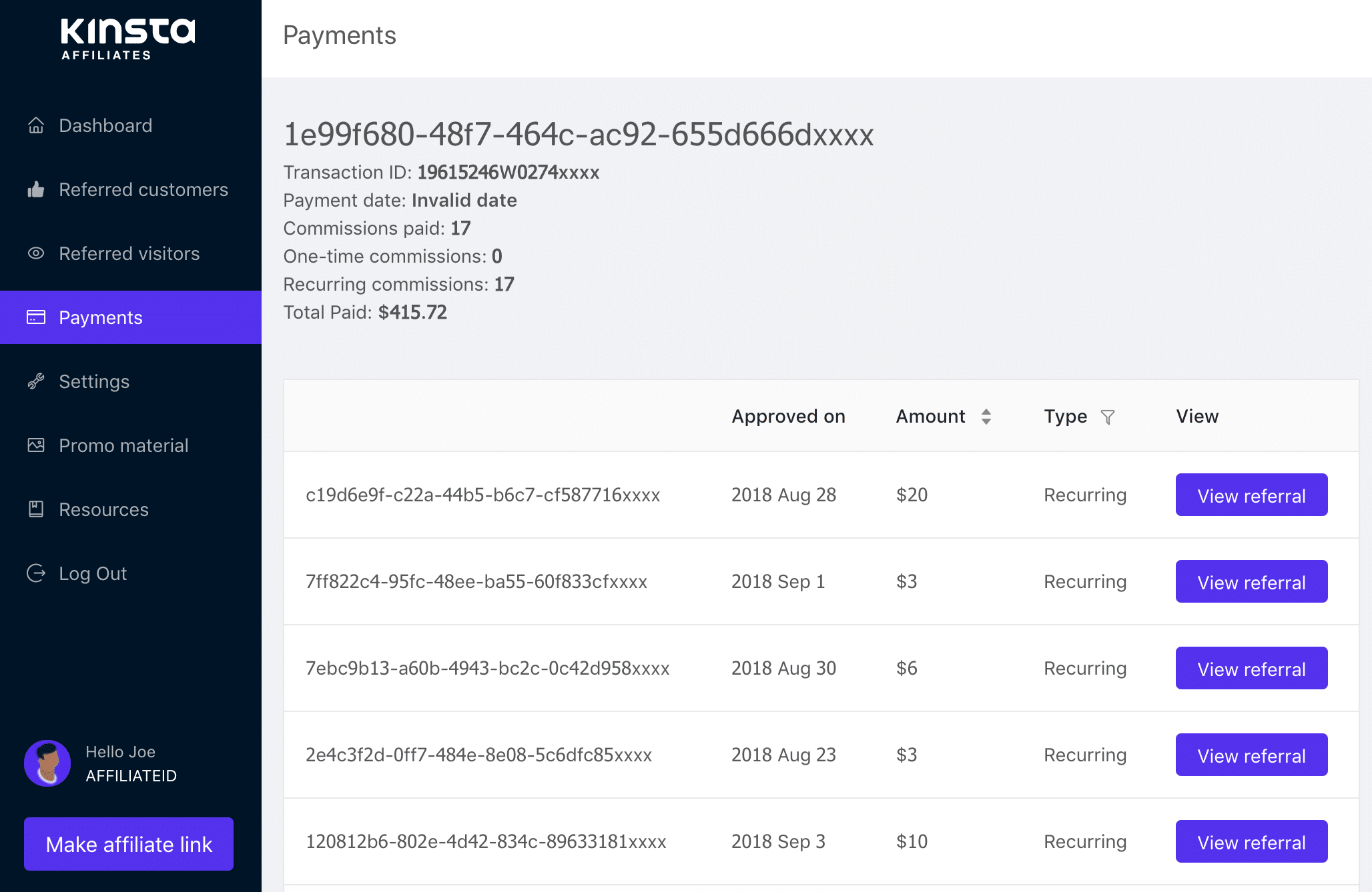 Kinsta affiliate betaling drill-down