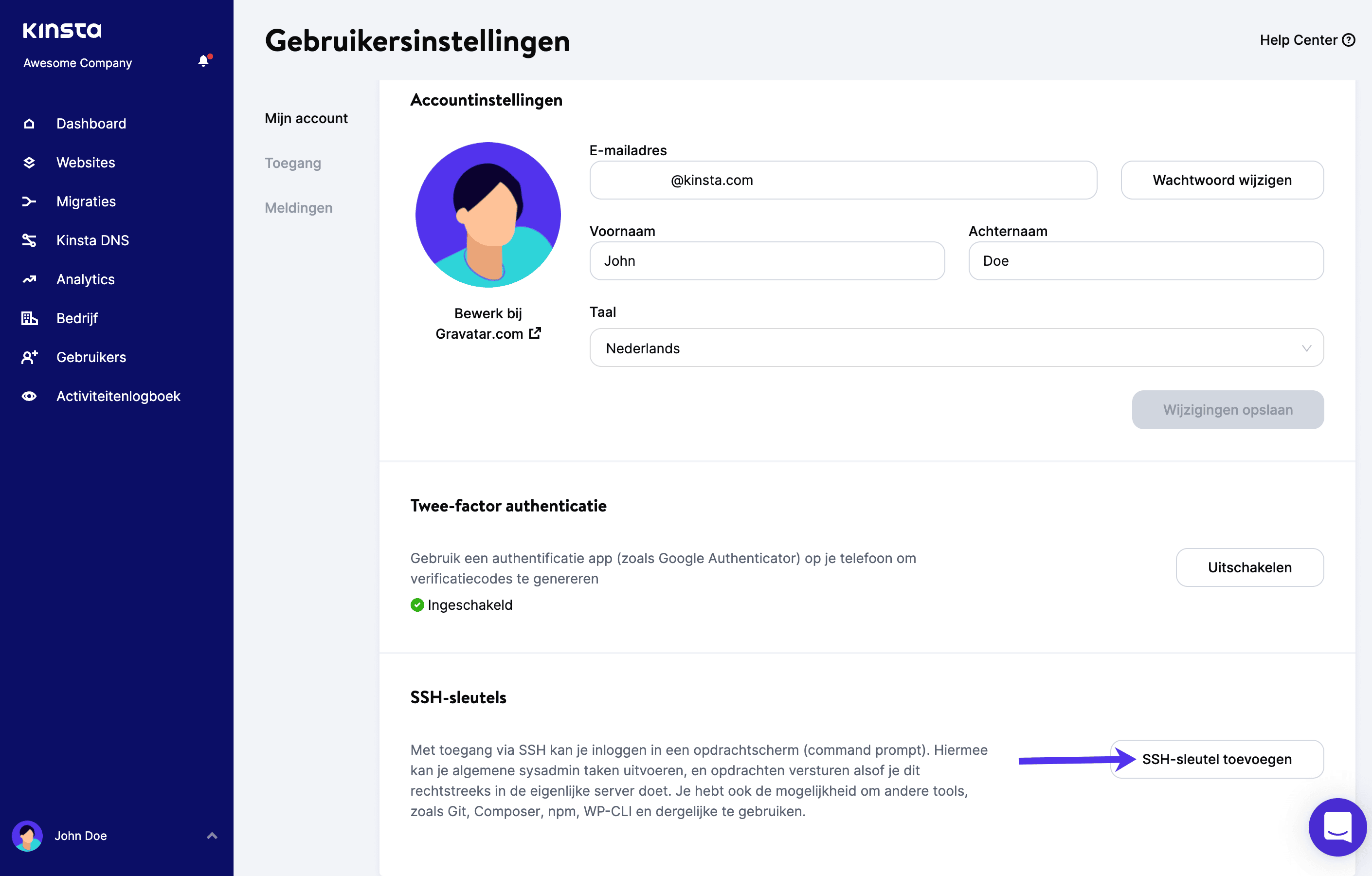 SSH sleutels toevoegen in MyKinsta.