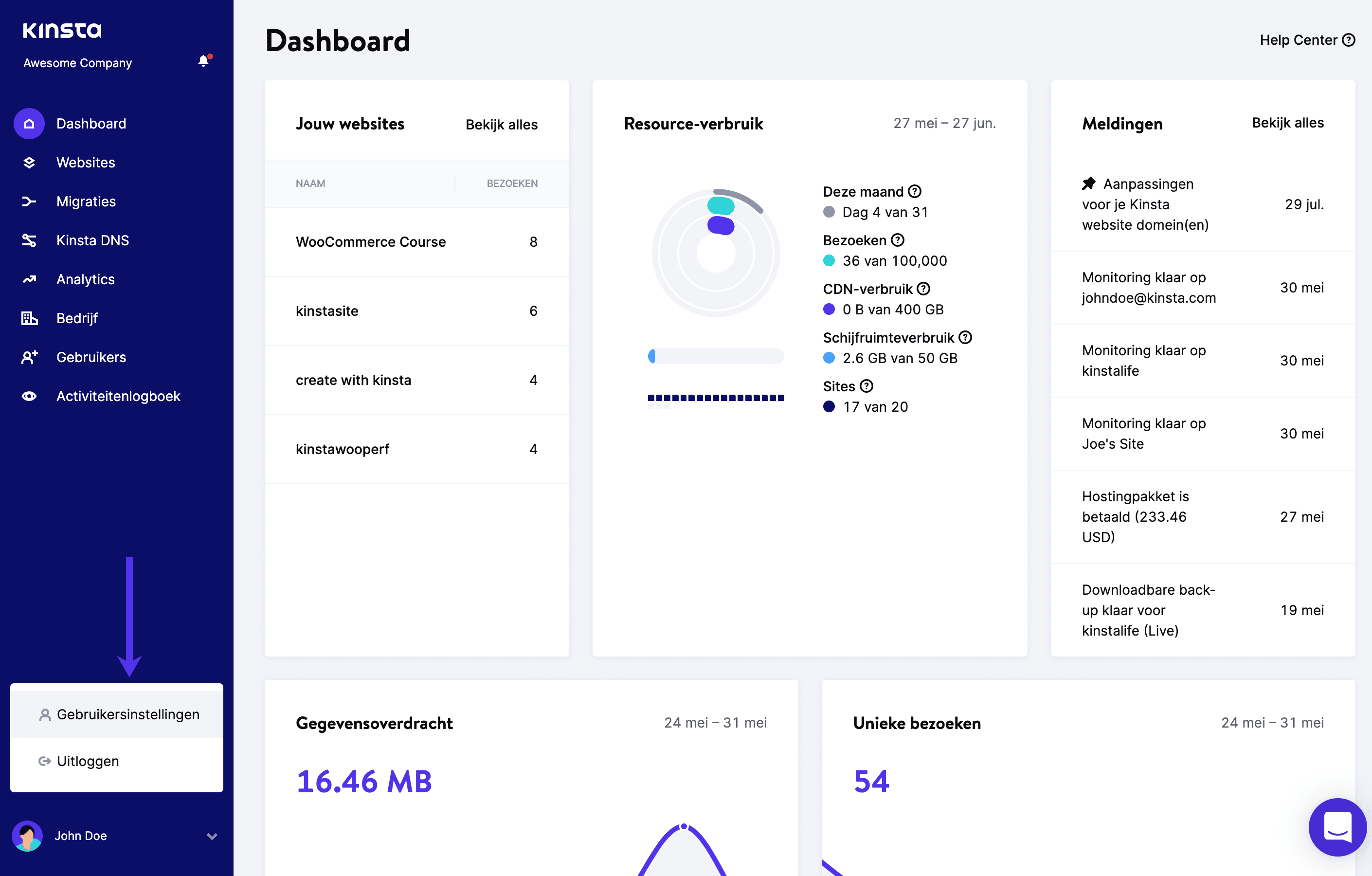 MyKinsta gebruikersinstellingen.