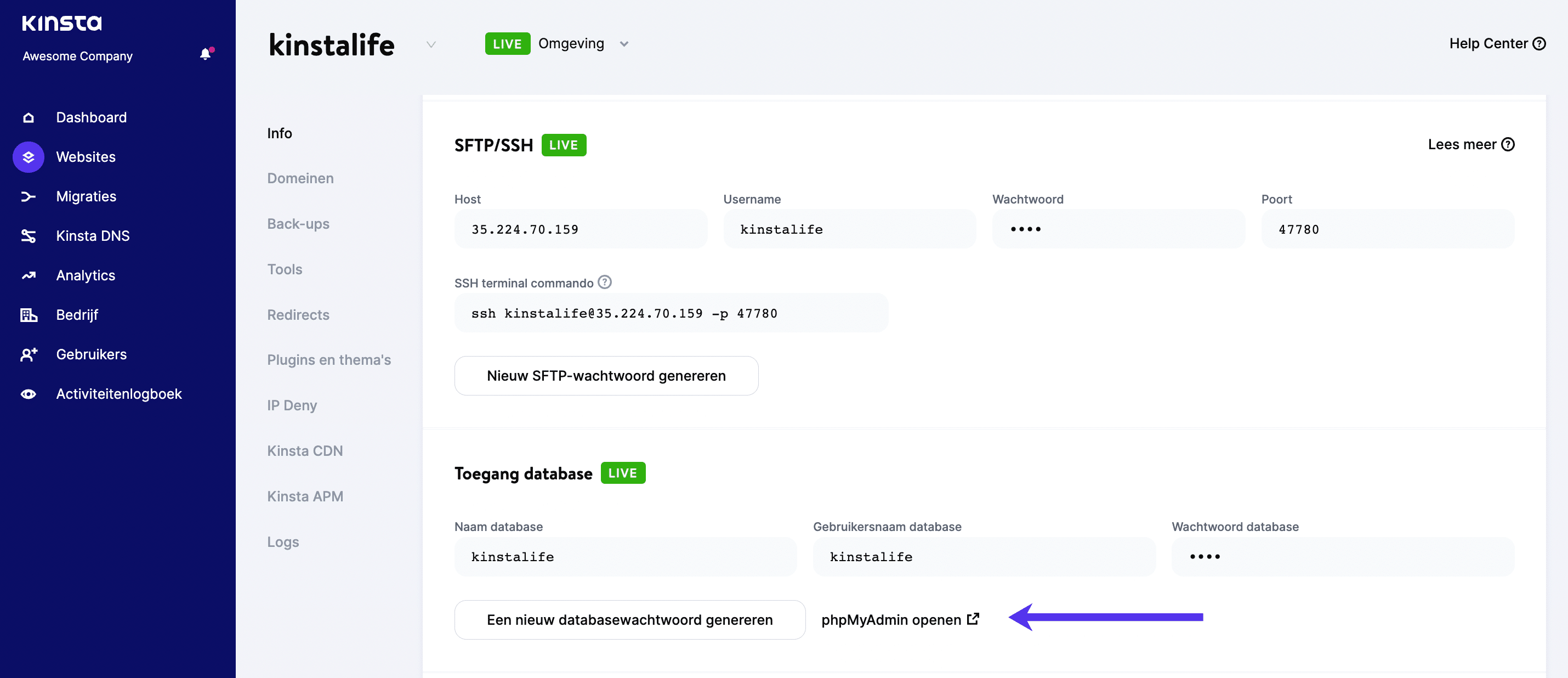 WordPress phpMyAdmin toegang