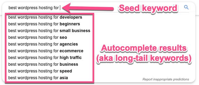 Autocomplete long-tail keywords