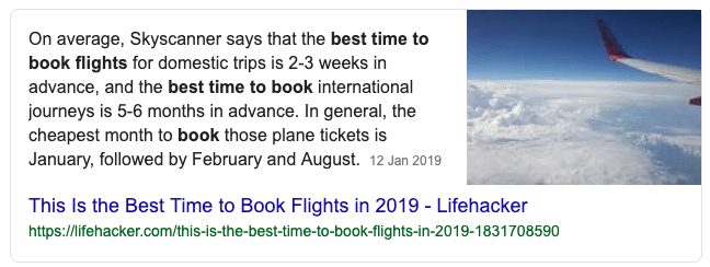 Featured snippet over boeken van een vlucht