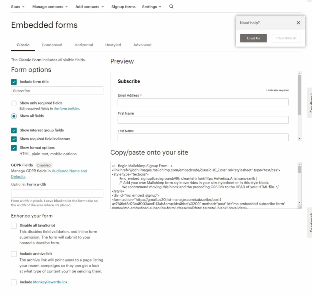 Mailchimp embedded form