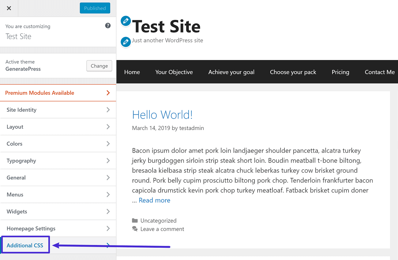 Hier vindt je de optie Additional CSS in de WordPress Customizer