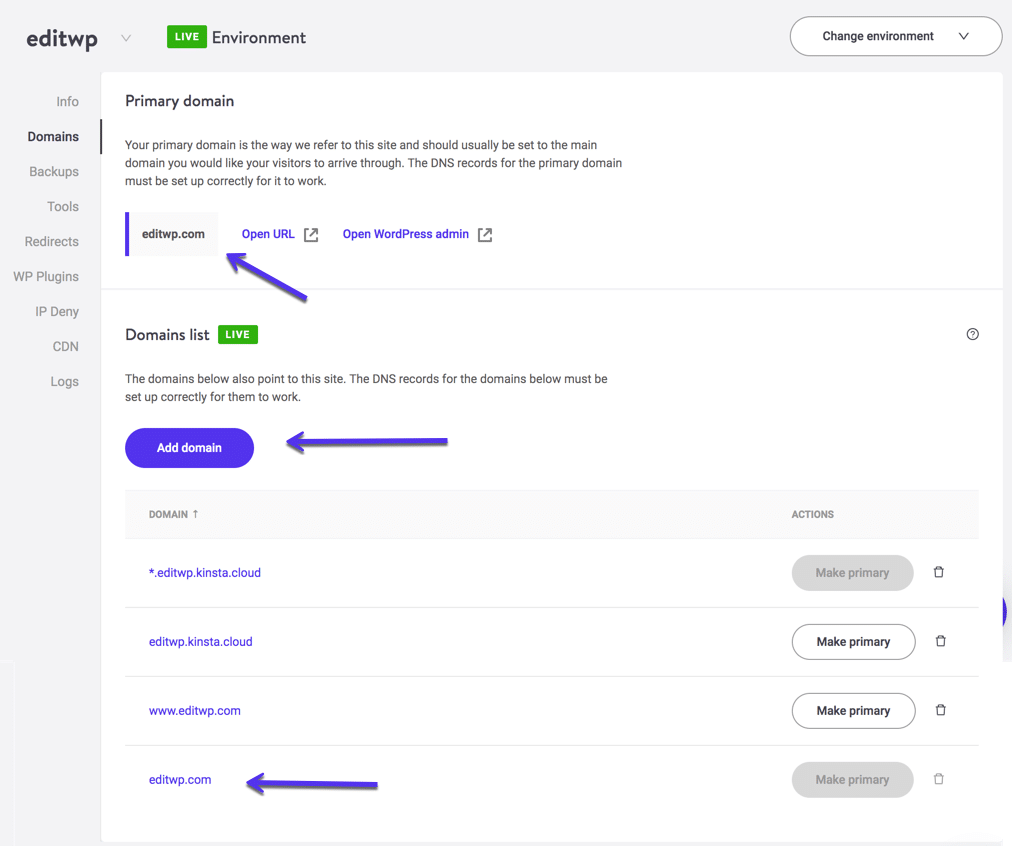 Een domein toevoegen in MyKinsta