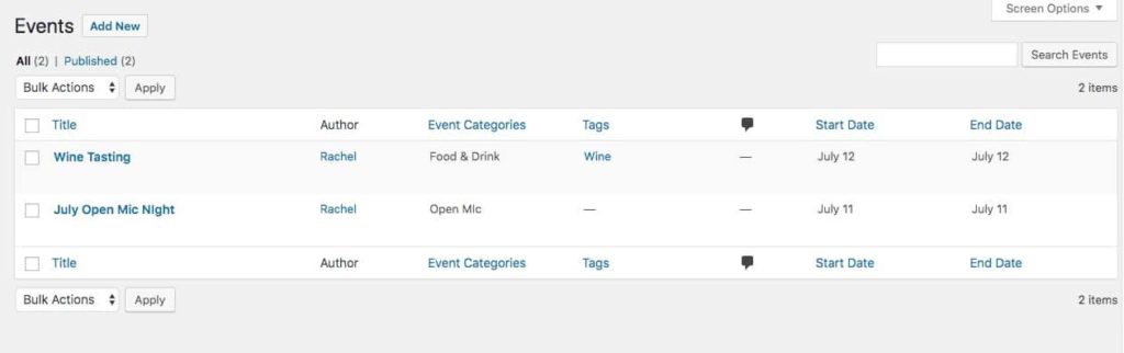 Evenementen aangemaakt door de Events Calendar plugin