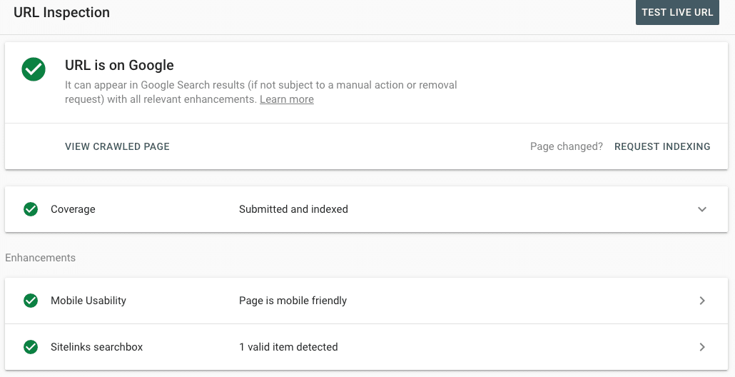 URL inspection in Google Search Console