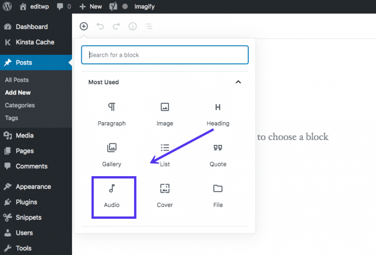 Een audioblok toevoegen in de Block Editor