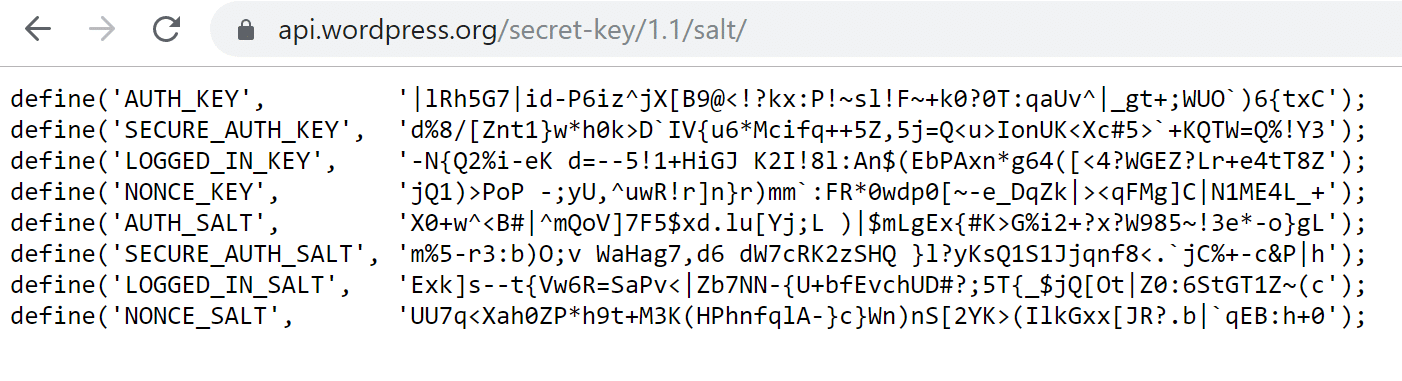 WordPress.org kan je helpen bij het genereren van nieuwe sleutels en SALT-codes