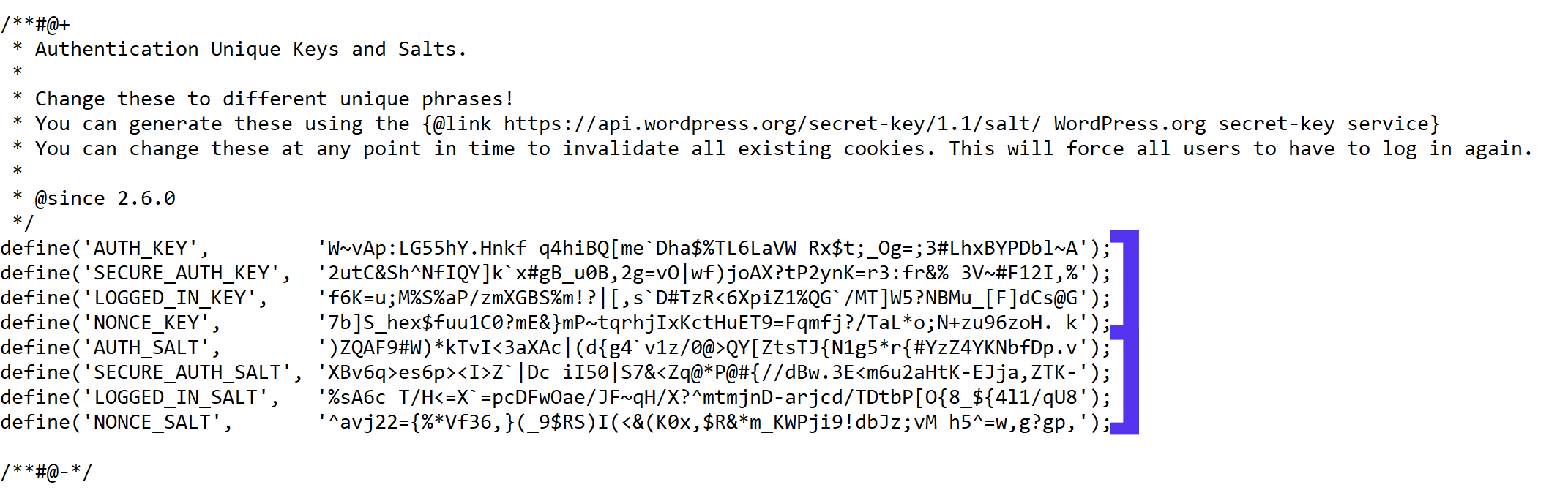 Voorbeeld van SALT-codes in je wp-config.php-bestand