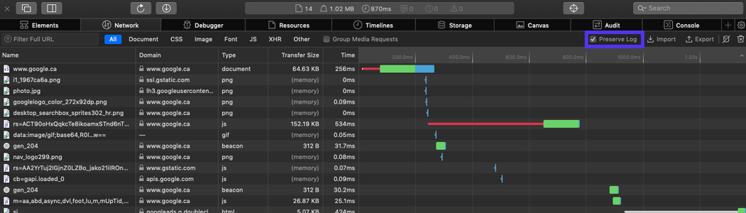Selecteer de optie Preserve Log in het tabblad Network.