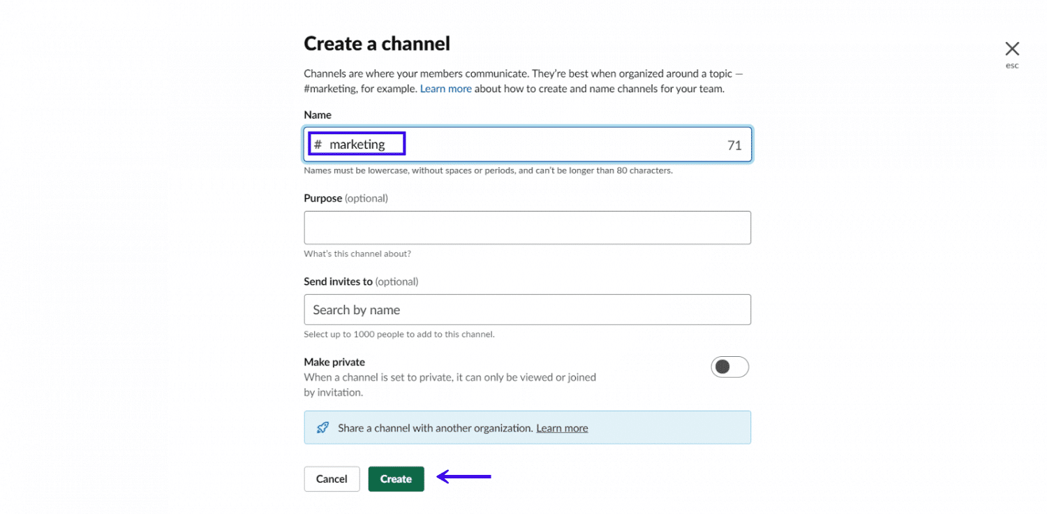 Het menu "Create a Slack channel"