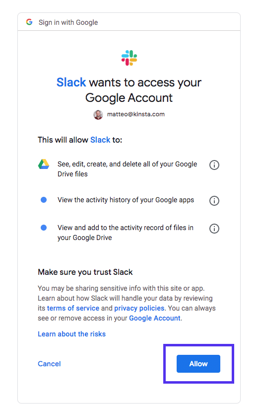 Verificatie van Slack Google Docs en Drive