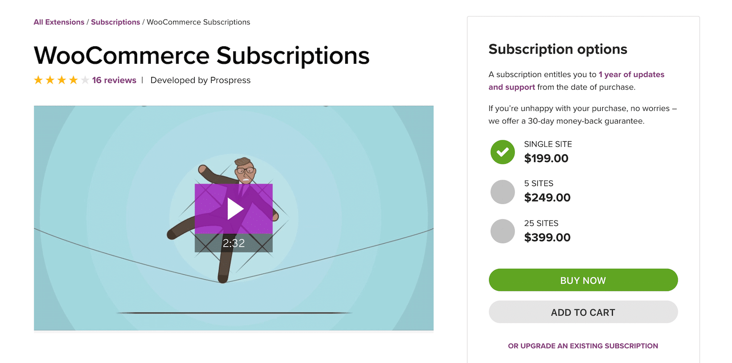 De WooCommerce Subscriptions aankoopmogelijkheden.