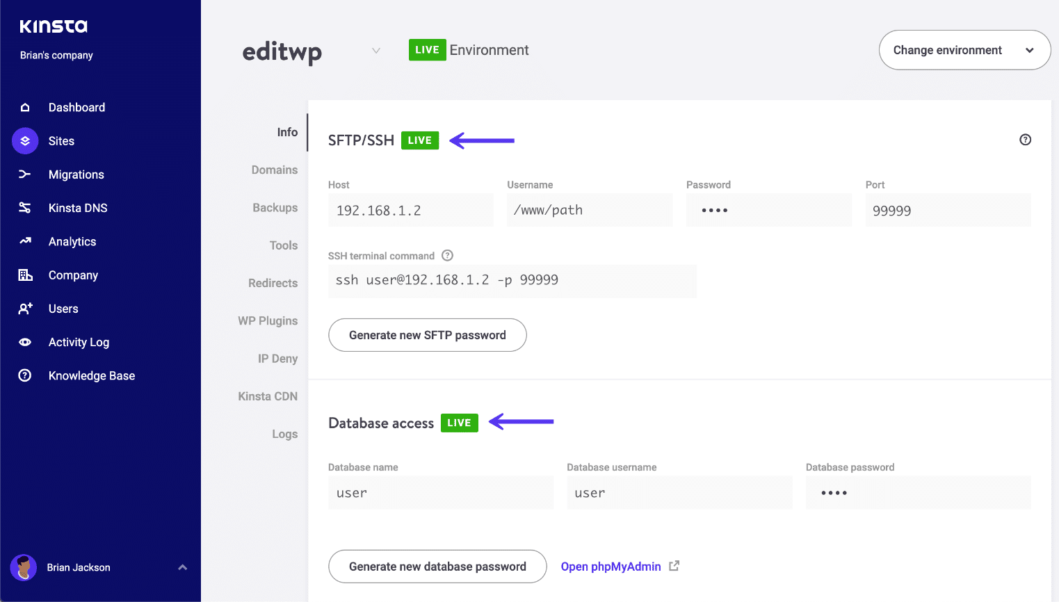 MyKinsta SFTP/SSH en database