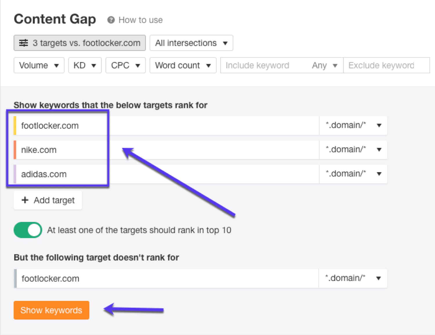 Gebruik de Ahrefs Content Gap tool om de juiste zoekwoorden te vinden