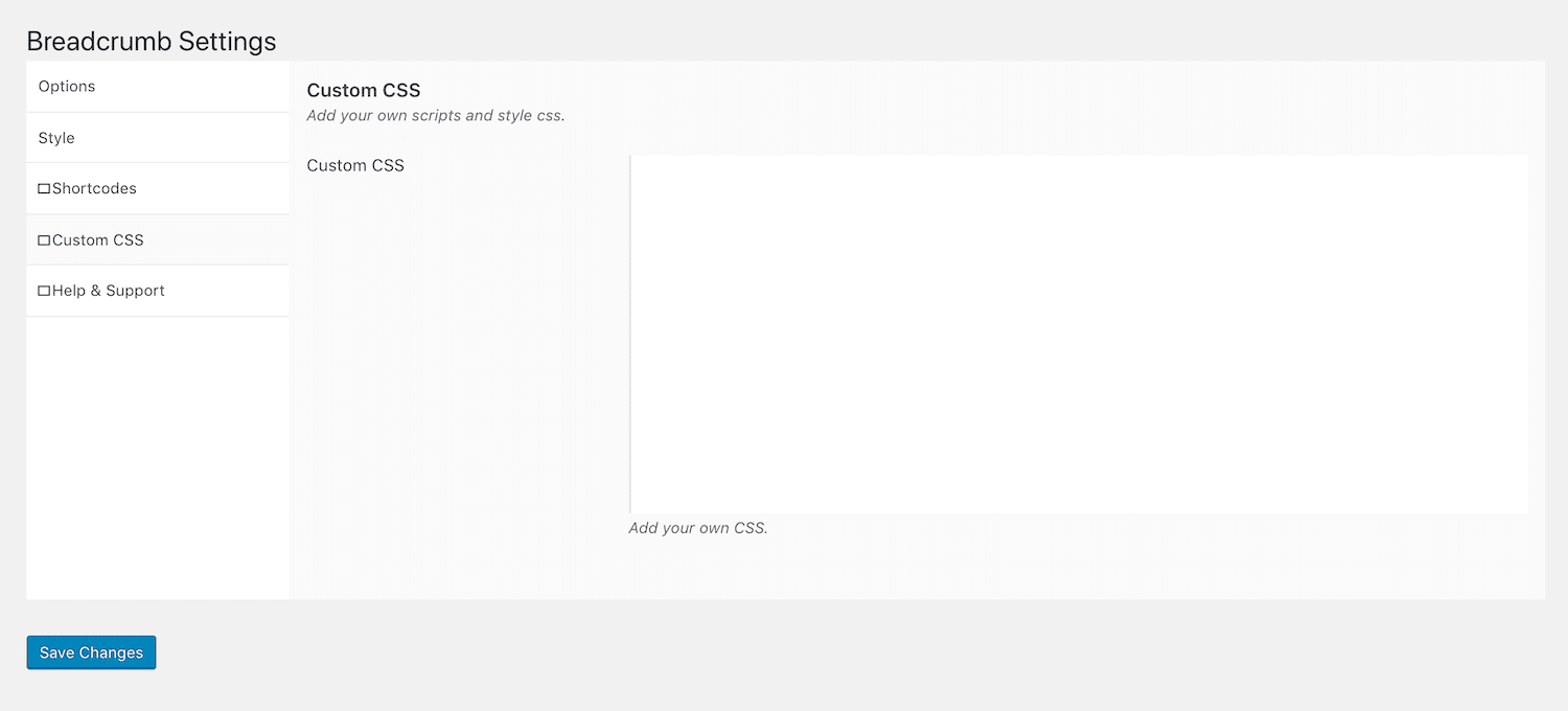 Het Breadcrumb plugin Custom CSS veld