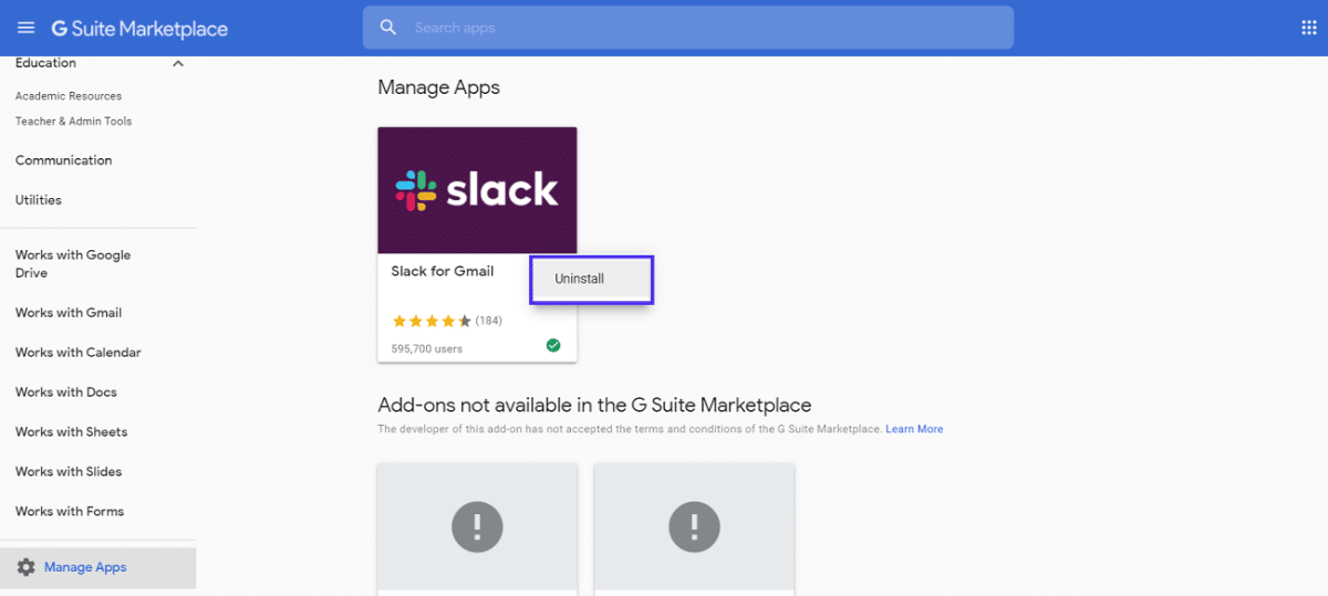 Google Workspace Marketplace “Manage Apps” sectie