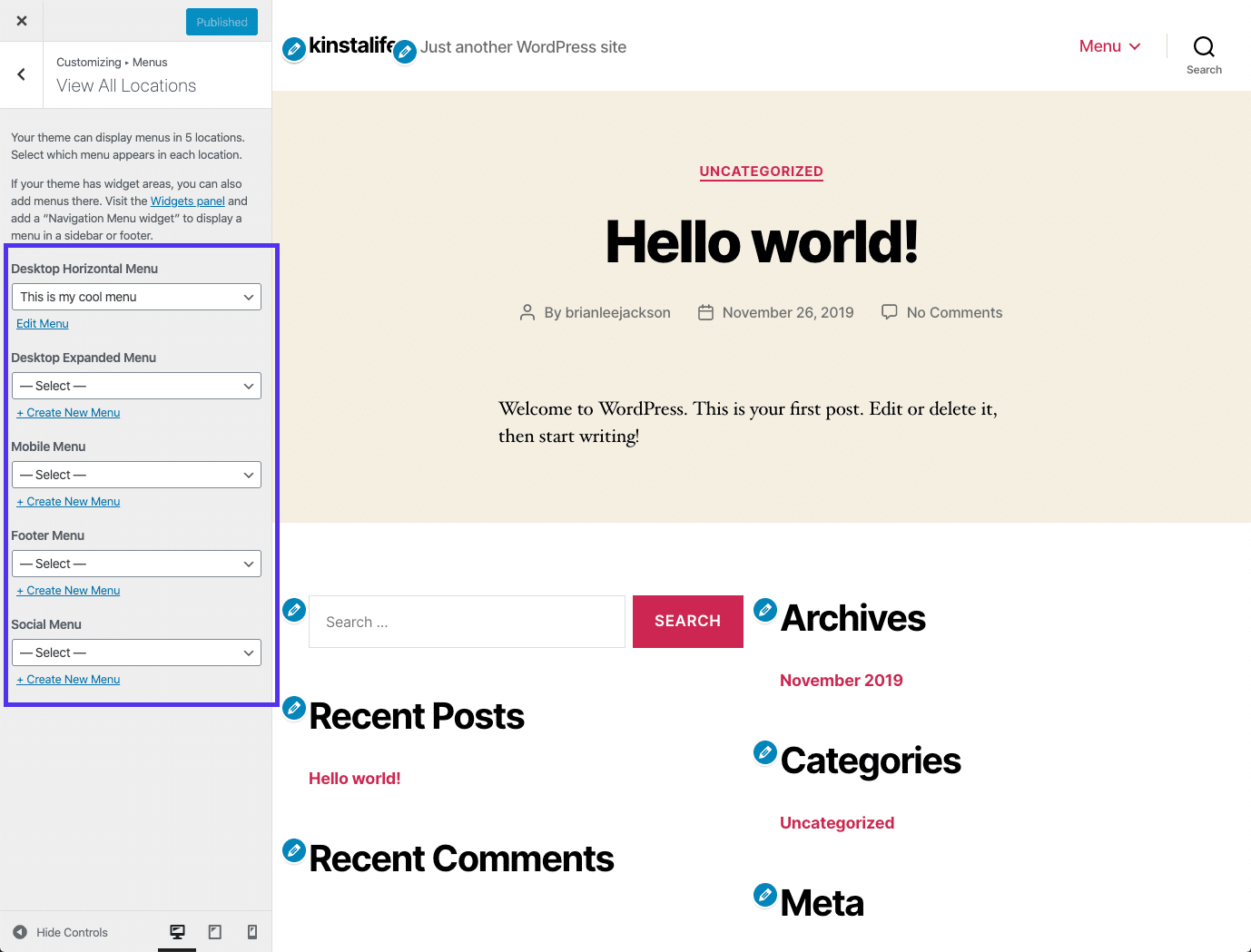 Een live preview van het WordPress menu in de Customizer